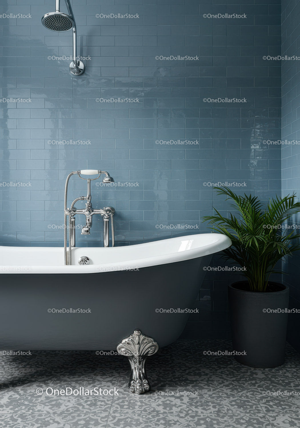 Elegant freestanding bathtub with vintage fixtures and plant