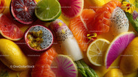 Colorful Assorted Fruits and Salmon on Yellow Background