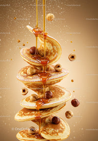 Stack of fluffy pancakes with hazelnuts and honey drizzle