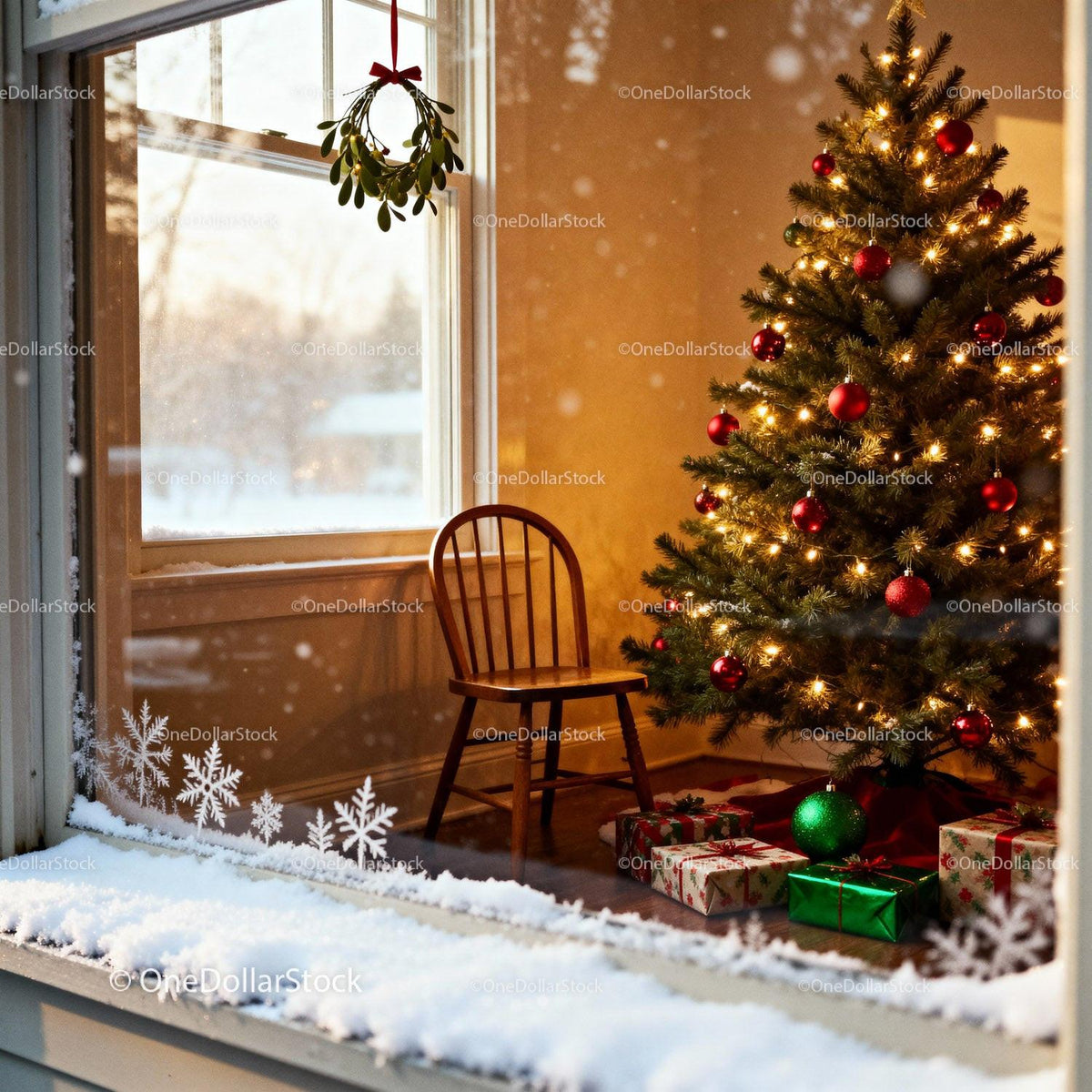 Cozy Christmas Tree with Gifts and Wooden Chair Indoors