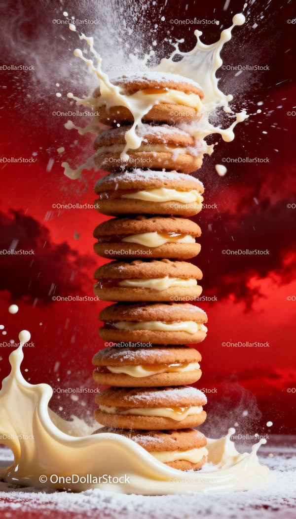 Stack of creamy sandwich cookies with milk splash
