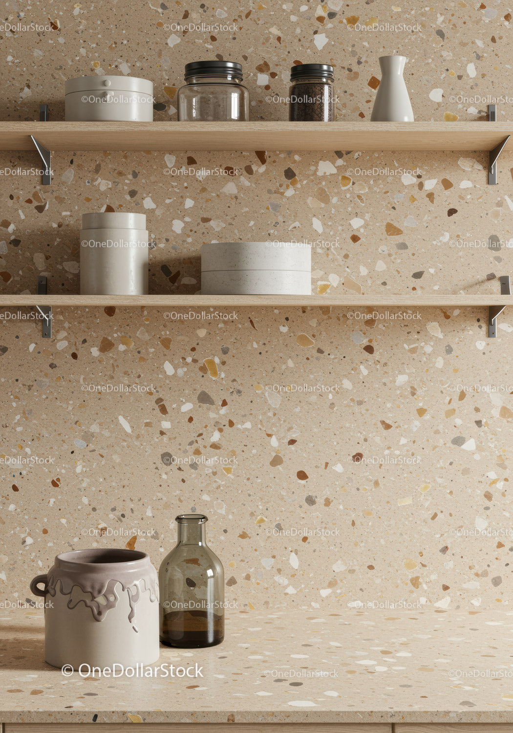 Modern Kitchen Shelves with Ceramic Jars and Glass Bottle on Terrazzo Background