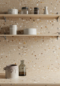 Modern Kitchen Shelves with Ceramic Jars and Glass Bottle on Terrazzo Background