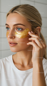 Woman Applying Gold Eye Patches for Anti-Aging Skincare