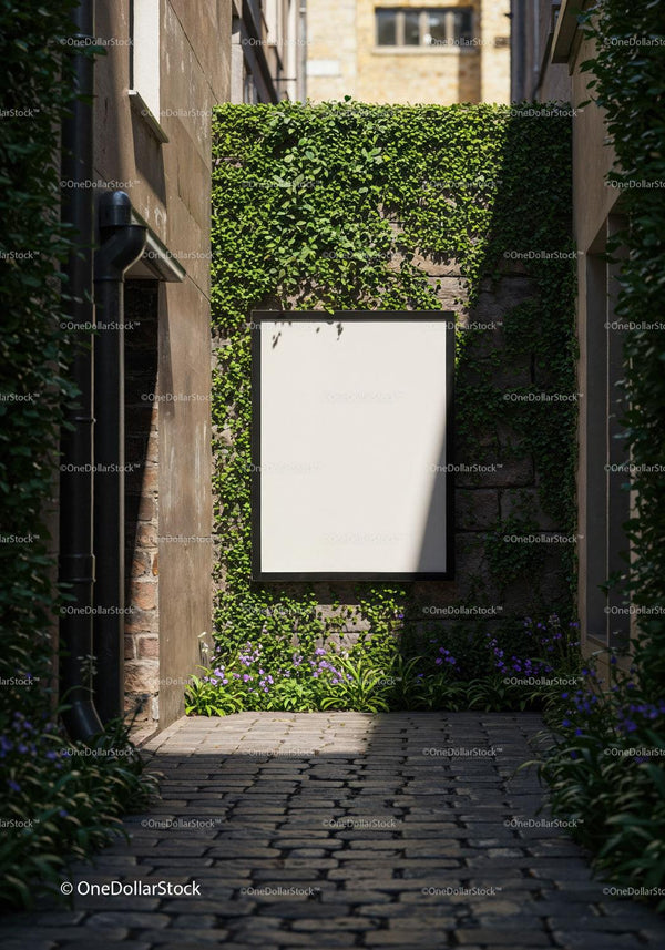 Blank billboard on ivy covered wall in narrow alley JPG Mockup Image