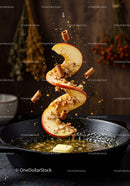 Apple Slices with Cinnamon and Oats Floating Above Buttered Skillet