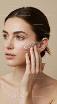 Elegant Woman Applying Skincare Lotion with Smooth and Clear Skin