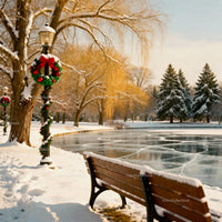 Winter Park Bench Near Festive Lamp Post and Frozen Lake