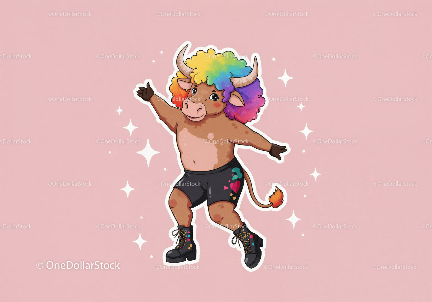 Colorful Cartoon Bull with Rainbow Hair in Funky Streetwear