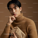 Stylish Young Man in Beige Turtleneck Sweater with Elegant Pose
