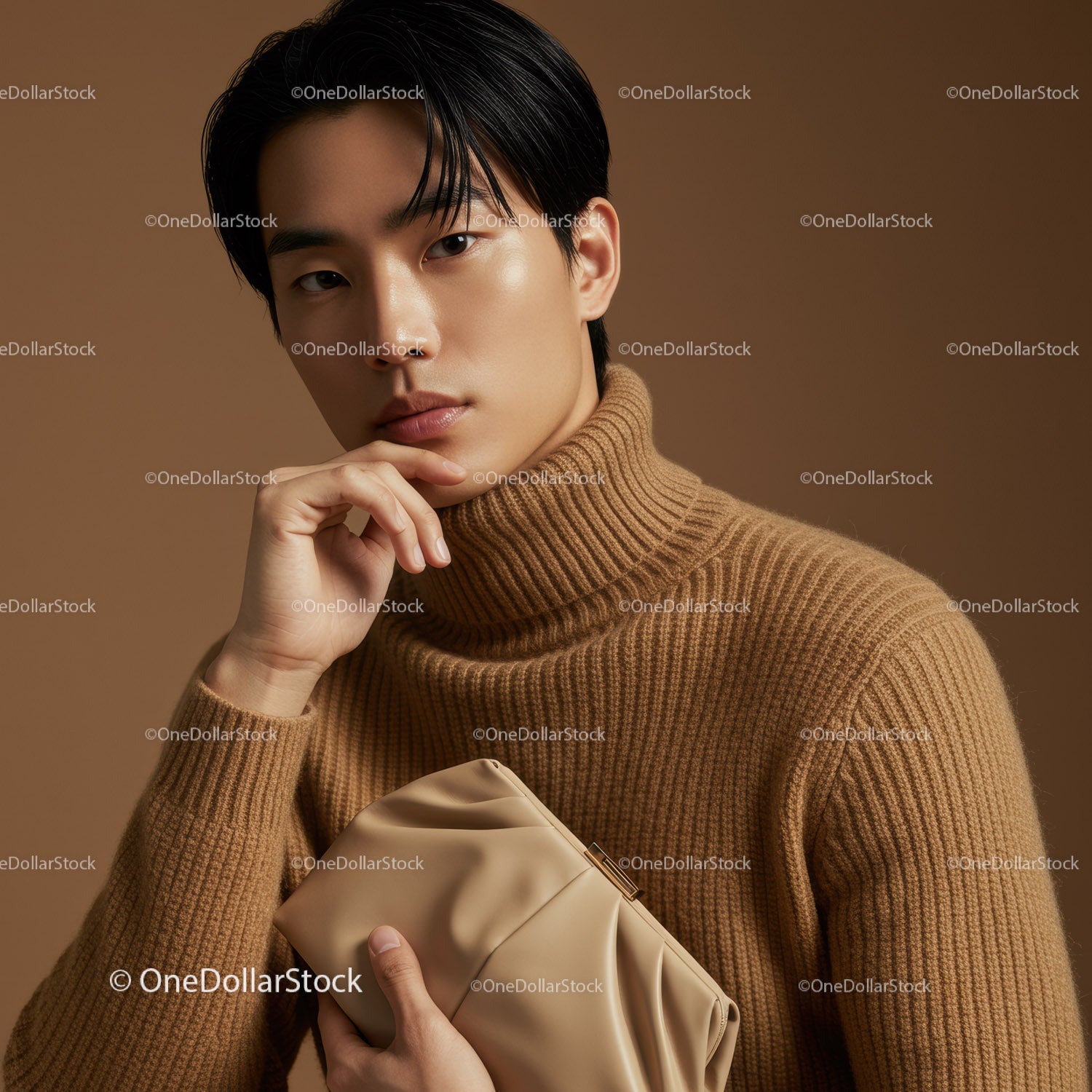 Stylish Young Man in Beige Turtleneck Sweater with Elegant Pose