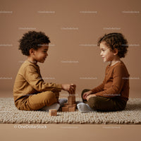 Two young boys playing with wooden blocks indoors