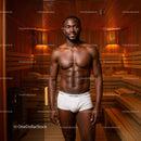 Healthy Man in White Underwear Standing in Sauna with Wooden Interior