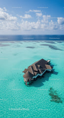 Overwater Bungalow in Turquoise Ocean Under Bright Sky