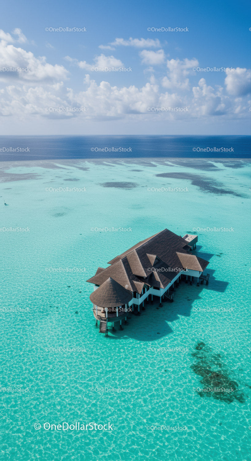 Overwater Bungalow in Turquoise Ocean Under Bright Sky