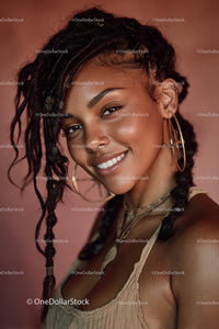 Joyful Smiling Woman with Braids and Golden Jewelry Portrait