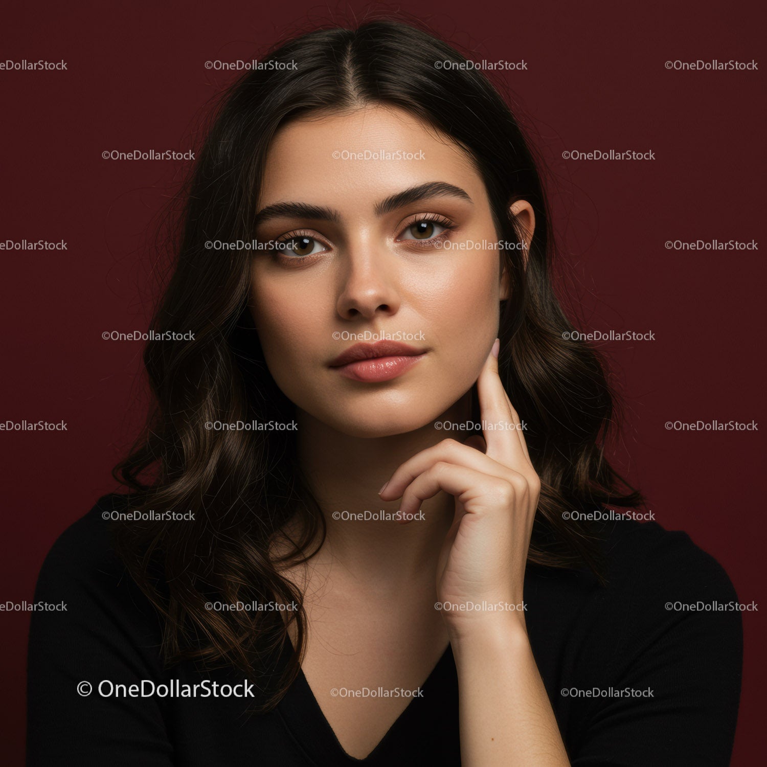 Close-up Portrait of a Beautiful Woman with Brown Hair on Red Background