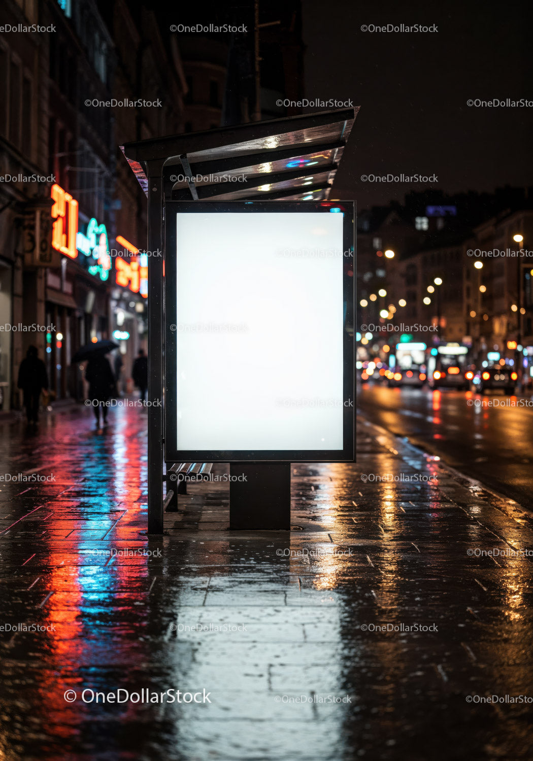 Night City Bus Stop Shelter with Neon Lights and Reflections