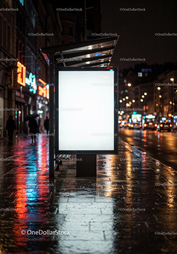 Night City Bus Stop Shelter with Neon Lights and Reflections JPG Mockup Image