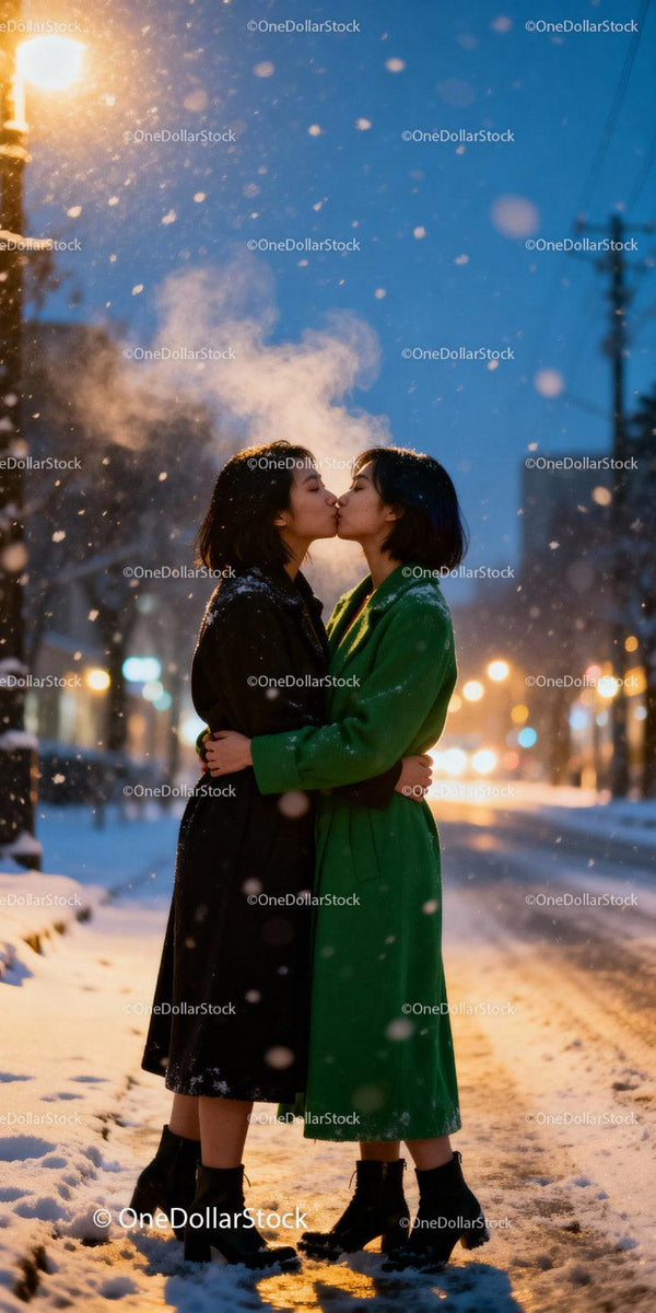 Couple sharing a tender kiss on snowy evening street