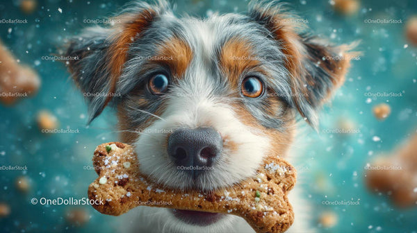 Szczeniak Australian Shepherd trzymający kość na tle wody