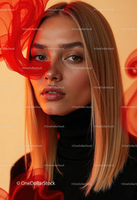 Creative Artistic Makeup Portrait with Red Face Paint and Blonde Hair