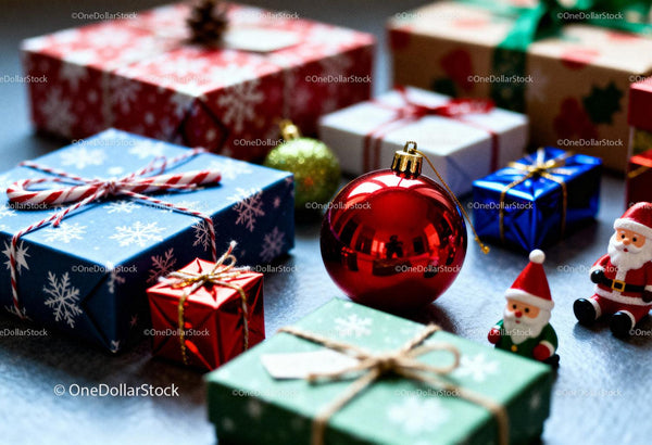 Colorful wrapped Christmas gifts with festive ornaments