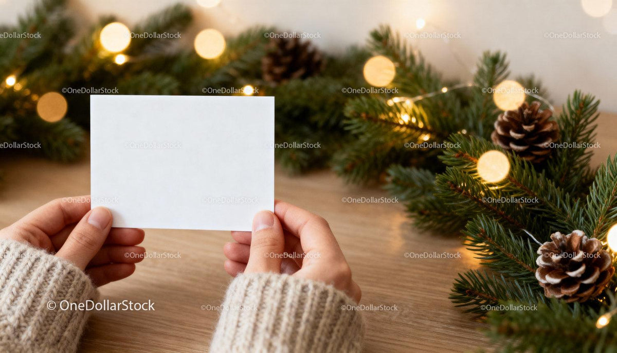 Hands Holding Blank Card Near Festive Pine Garland JPG Mockup Image preview