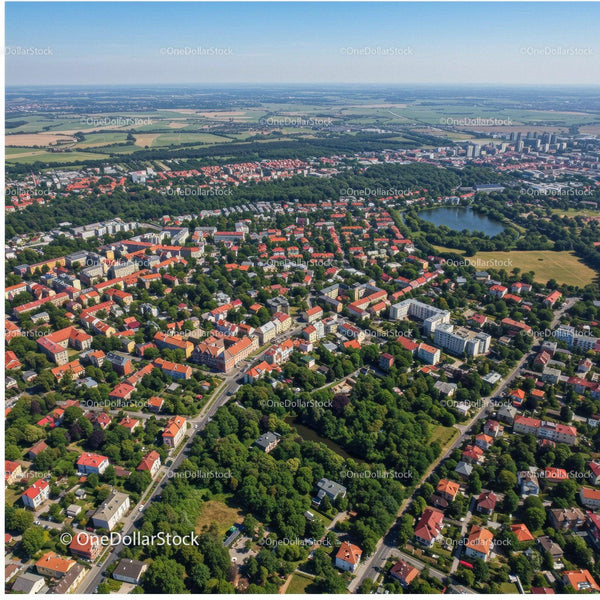 Aerial View of Residential Neighborhood with Green Parks and Lakes