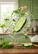 Fresh cucumber and ginger splash in bright kitchen