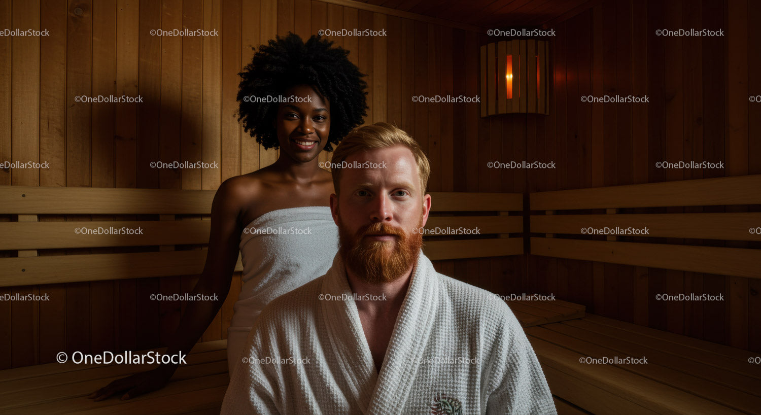 Relaxing Sauna Scene with Two People in Wooden Steam Room