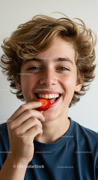 Joyful Teenager Eating Strawberries with Bright Smile and Casual Style