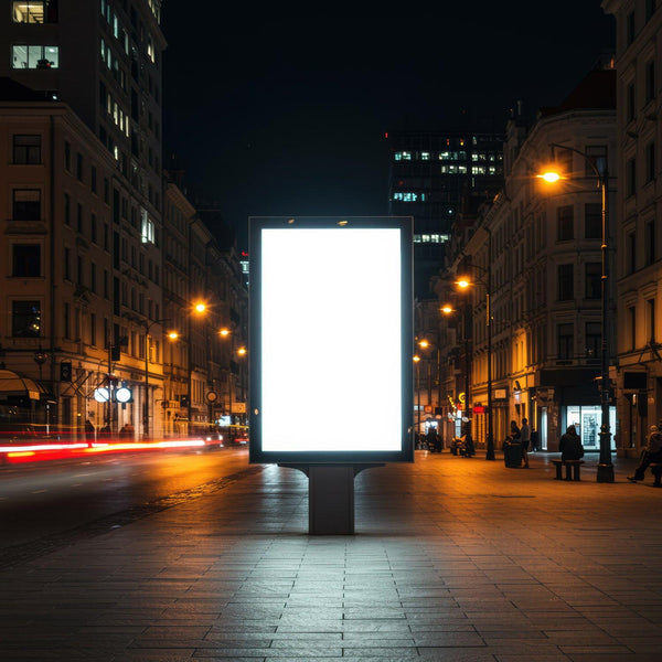 Empty illuminated billboard on city street at night JPG Mockup Image