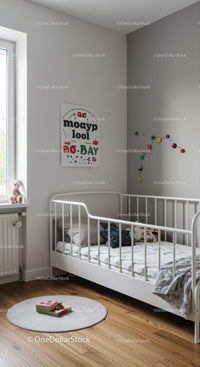 Bright Children's Bedroom with Colorful Wall Decor and White Bed