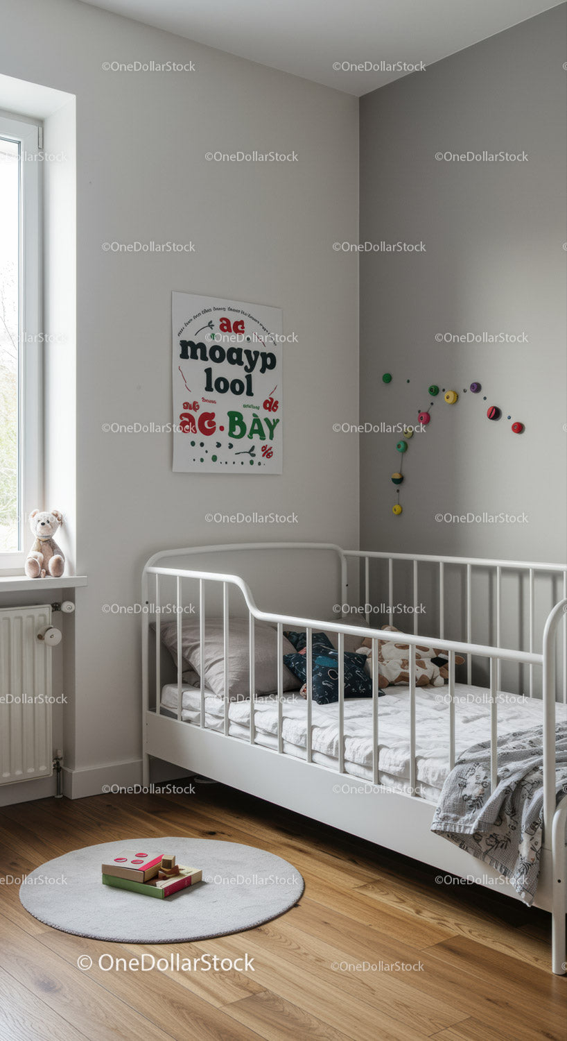 Bright Children's Bedroom with Colorful Wall Decor and White Bed