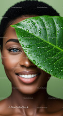 Vibrant African Woman with Leaf and Water Droplets Close-Up