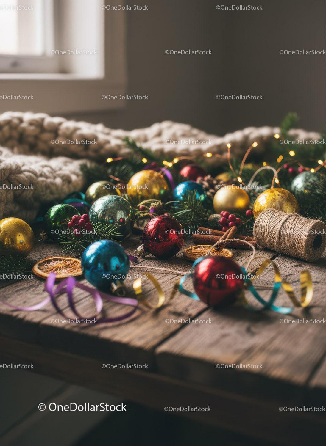 Colorful Christmas decorations and crafting supplies on wood
