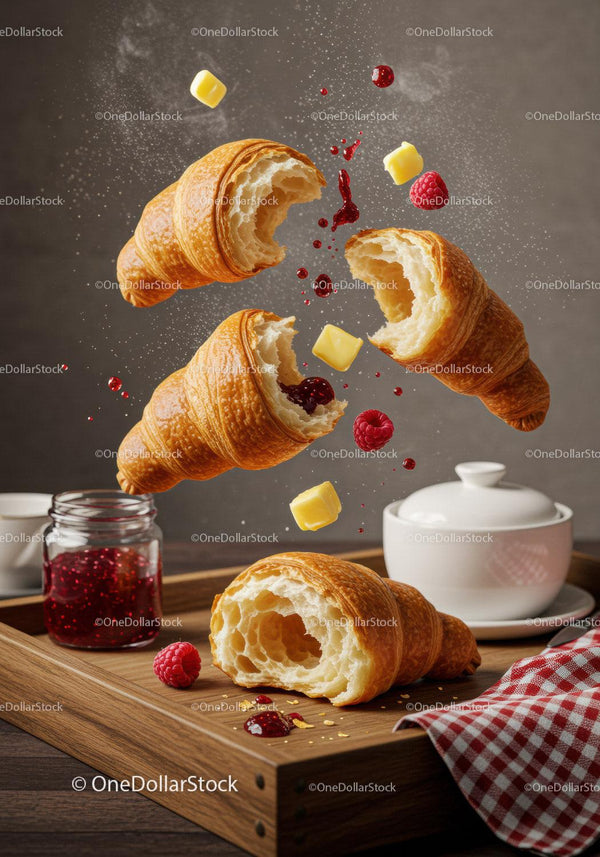 Świeże rogaliki z masłem i malinowym dżemem