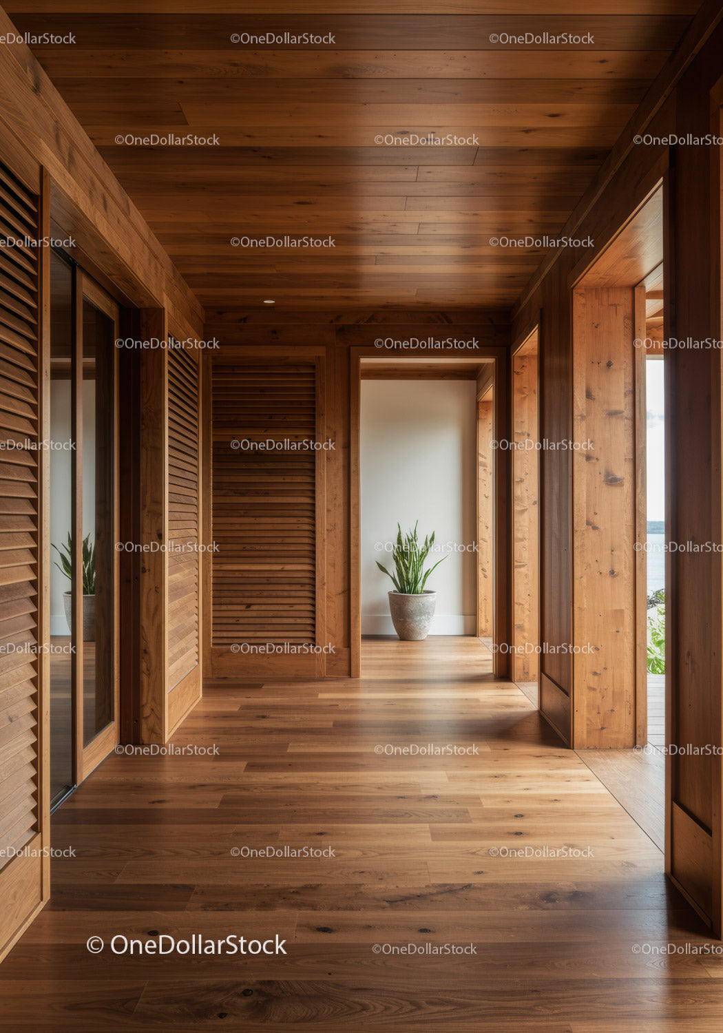 Modern wooden interior with hardwood flooring and indoor plant
