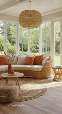 Cozy sunlit living room with rattan furniture and cushions