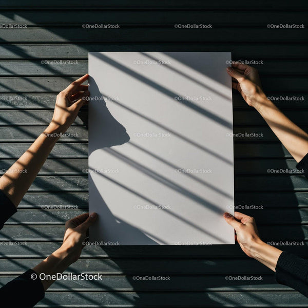 Hands Holding Blank White Canvas on Wooden Surface JPG Mockup Image