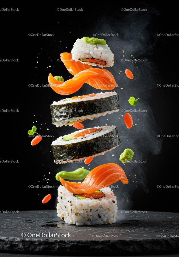 Floating fresh salmon sushi rolls with wasabi and garnish