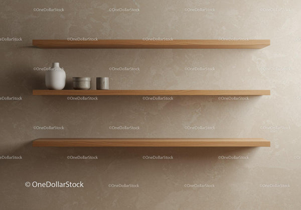 Wooden Floating Shelves with Decor in Contemporary Interior Scene