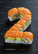 Salmon avocado sushi rolls shaped as number two