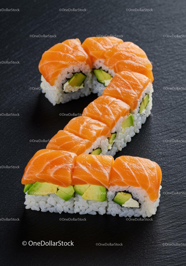 Salmon avocado sushi rolls shaped as number two