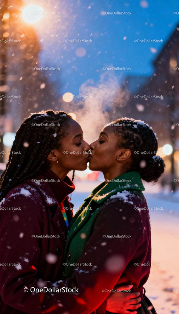 Loving LGBTQ Couple Sharing a Tender Kiss in Winter Snow