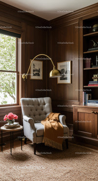 Cozy corner with tufted armchair and wooden shelves