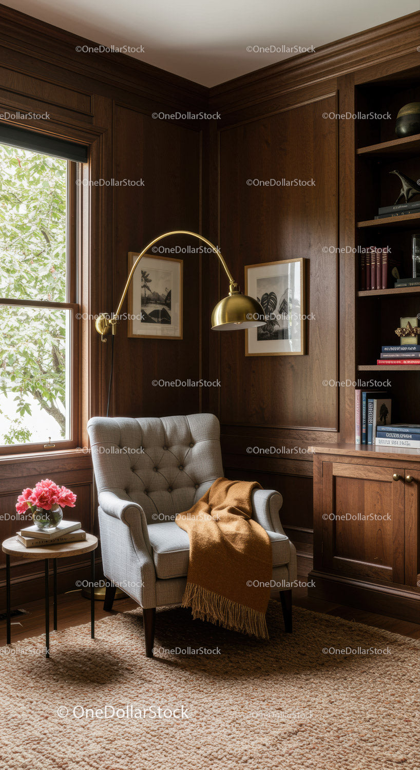 Cozy corner with tufted armchair and wooden shelves