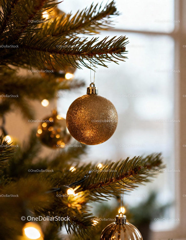 Golden bauble hanging on festive Christmas tree
