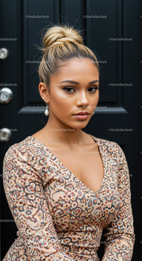 Young woman with blonde bun and patterned dress portrait